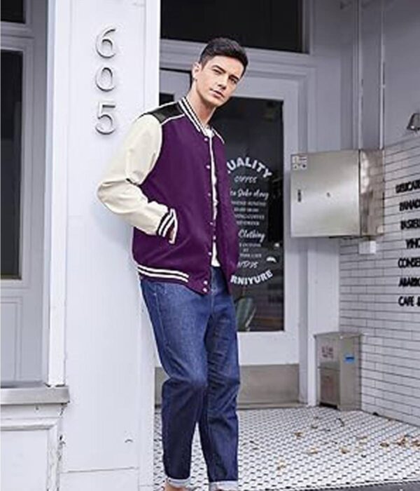 Purple Leather Sleeve Varsity Jacket for Men