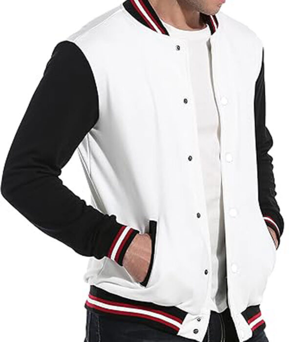 White Slim Fit Cotton Letterman Baseball Bomber Jacket