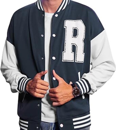 Trendy Navy Blue Wool Bomber Varsity Jacket