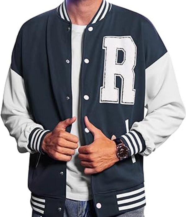 Trendy Navy Blue Wool Bomber Varsity Jacket