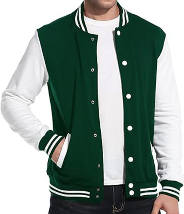 white and green wool varsity jacket with a casual slim fit