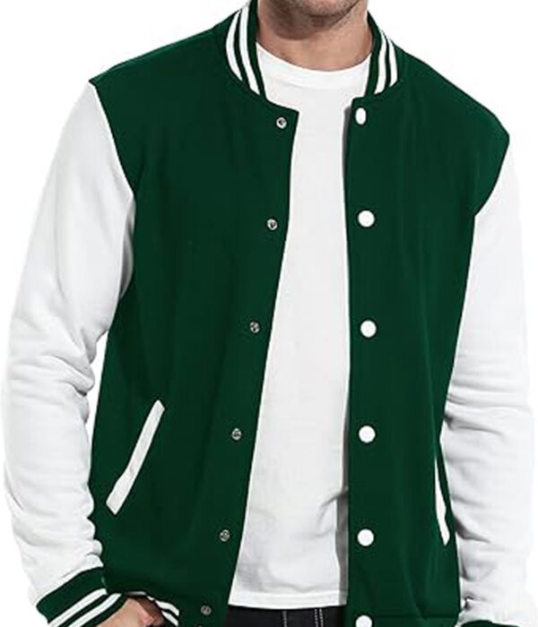 white and green wool varsity jacket with a casual slim fit