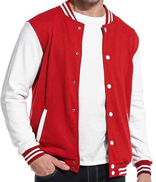 Red & White Slim Varsity Jacket Men's wool jacket