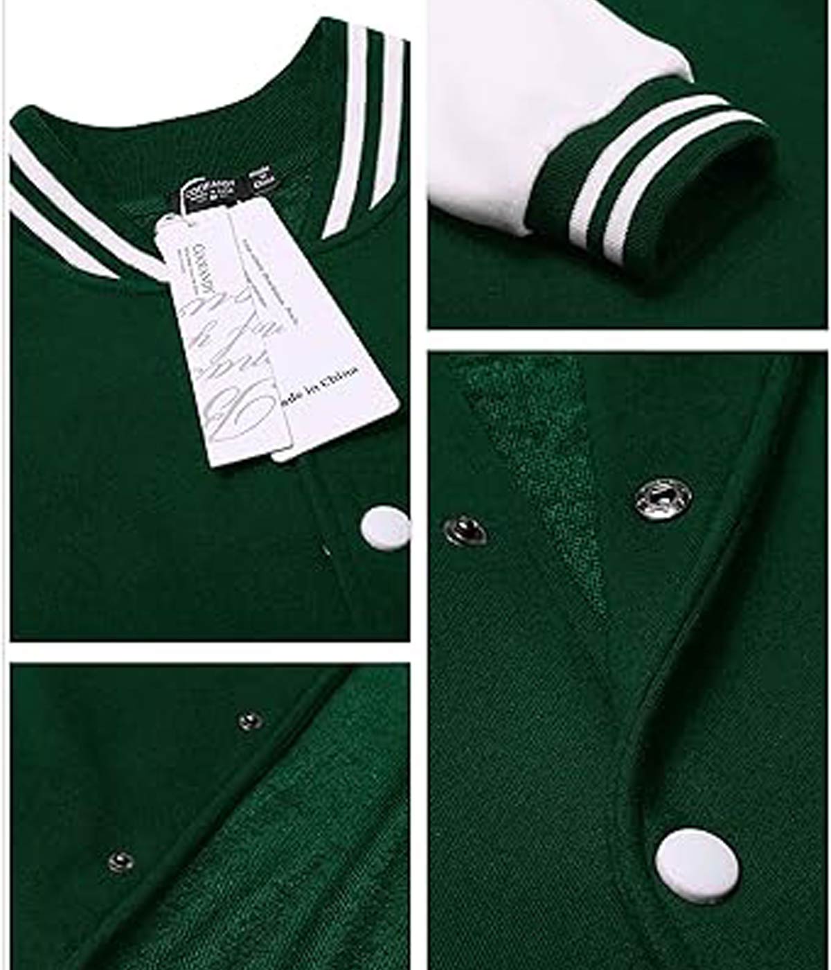 white and green wool varsity jacket with a casual slim fit