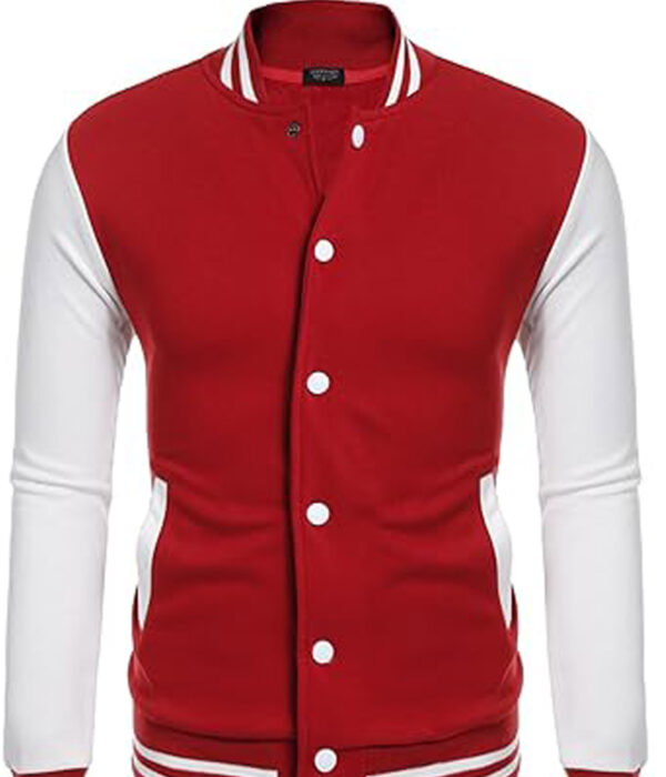 Red & White Slim Varsity Jacket Men's wool jacket