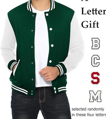 white and green wool varsity jacket with a casual slim fit