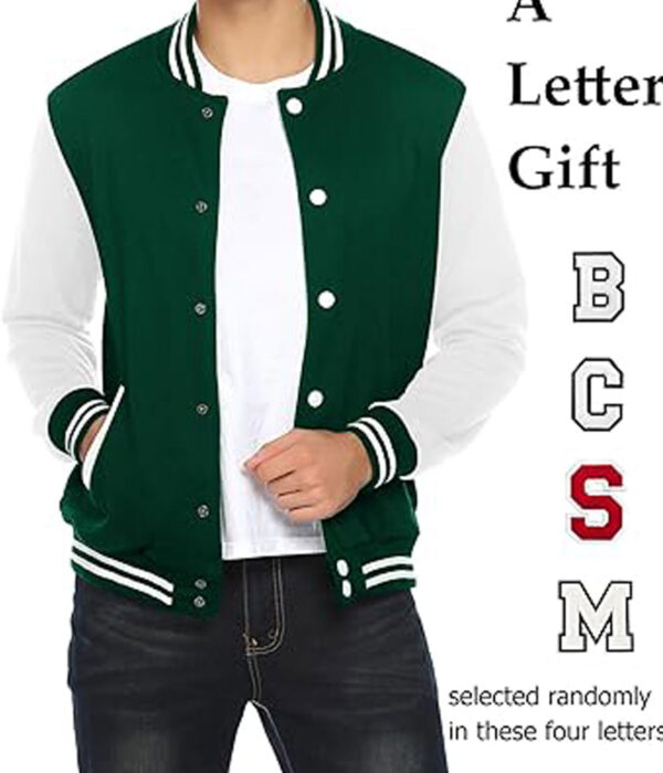 white and green wool varsity jacket with a casual slim fit